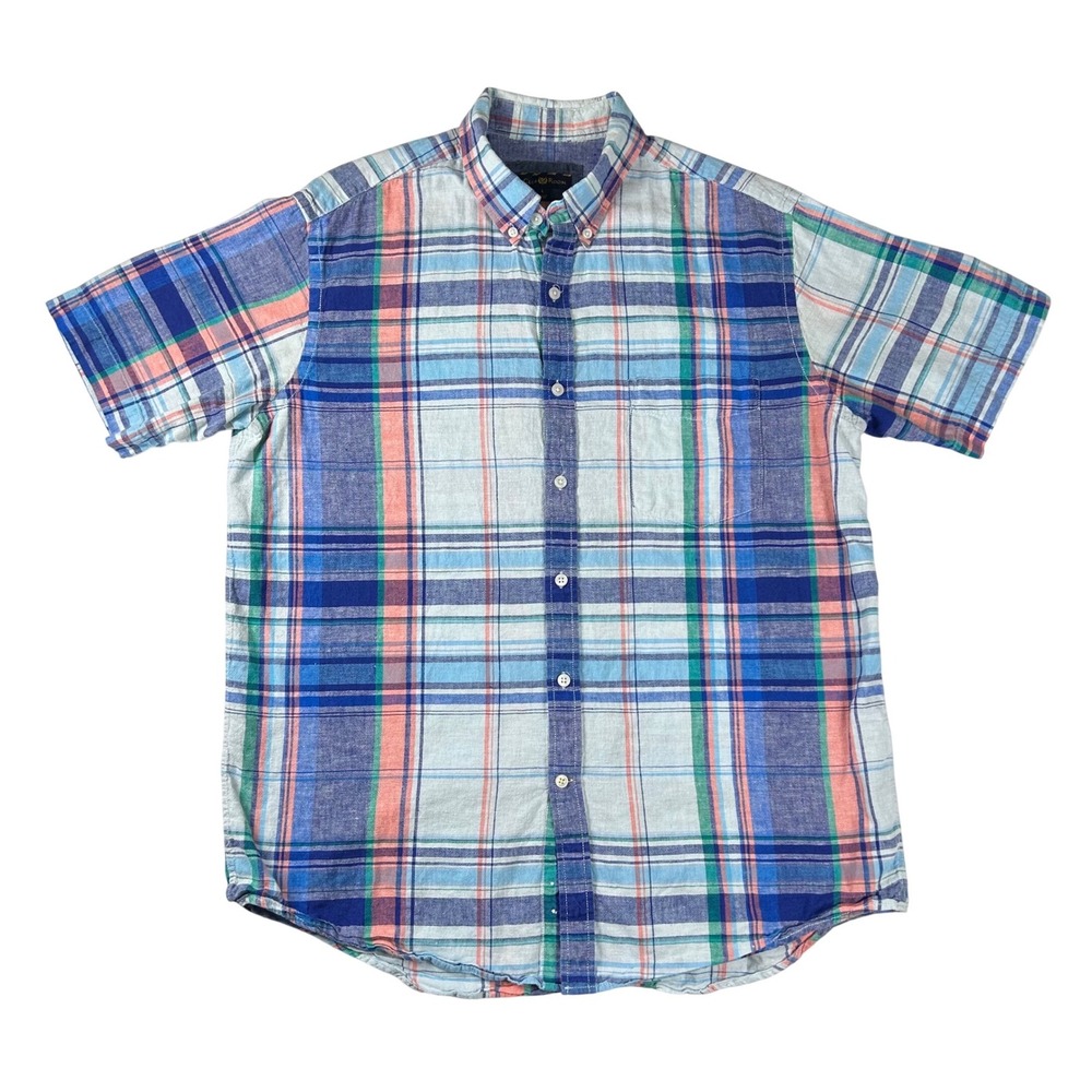 Club Room‎ Mens Large Linen Cotton Plaid Short Sleeve Button Down Shirt Blue